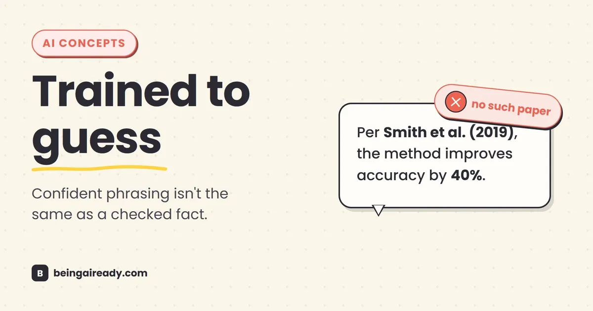 Cover graphic for 'AI Hallucinations: Why AI Confidently Makes Things Up': a speech bubble with a fabricated citation, 'Per Smith et al. (2019)...', tagged with a red 'no such paper' cross-badge, beside the headline Trained to guess.