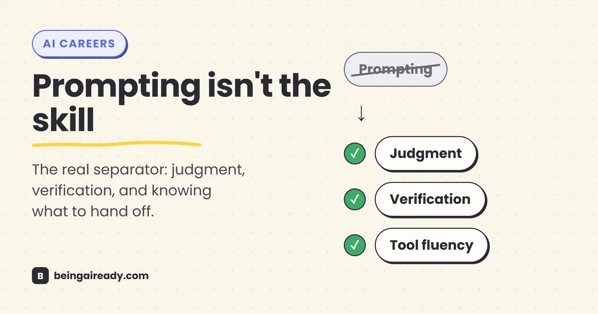 Cover graphic for 'AI Skills Every Professional Needs in 2026': a crossed-out 'Prompting' chip beside three checked chips — Judgment, Verification, Tool fluency — beside the headline Prompting isn't the skill.