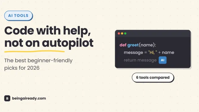 A beginner comparing six AI coding assistants on a laptop, with cards for GitHub Copilot, Replit, Cursor, Google Antigravity, Amazon Q Developer, and JetBrains AI.