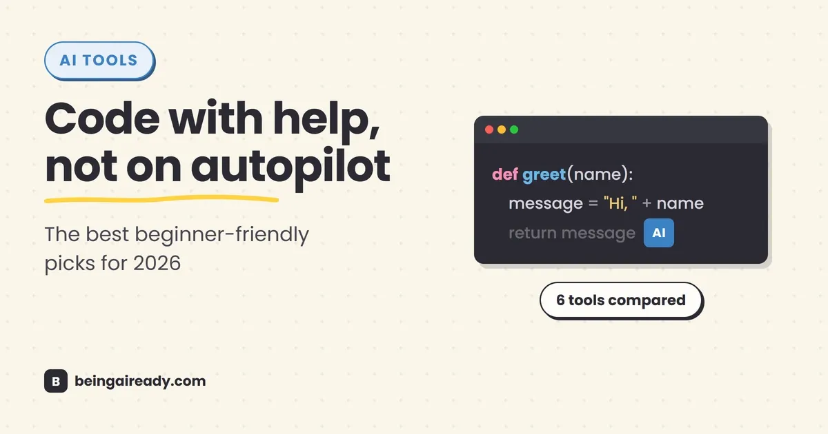 A beginner comparing six AI coding assistants on a laptop, with cards for GitHub Copilot, Replit, Cursor, Google Antigravity, Amazon Q Developer, and JetBrains AI.