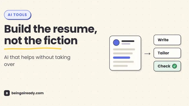 Cover graphic for 'Best AI Resume Builders in 2026': a clean resume document passing through three stages labeled Write, Tailor, and Check, beside the headline Build the resume, not the fiction.