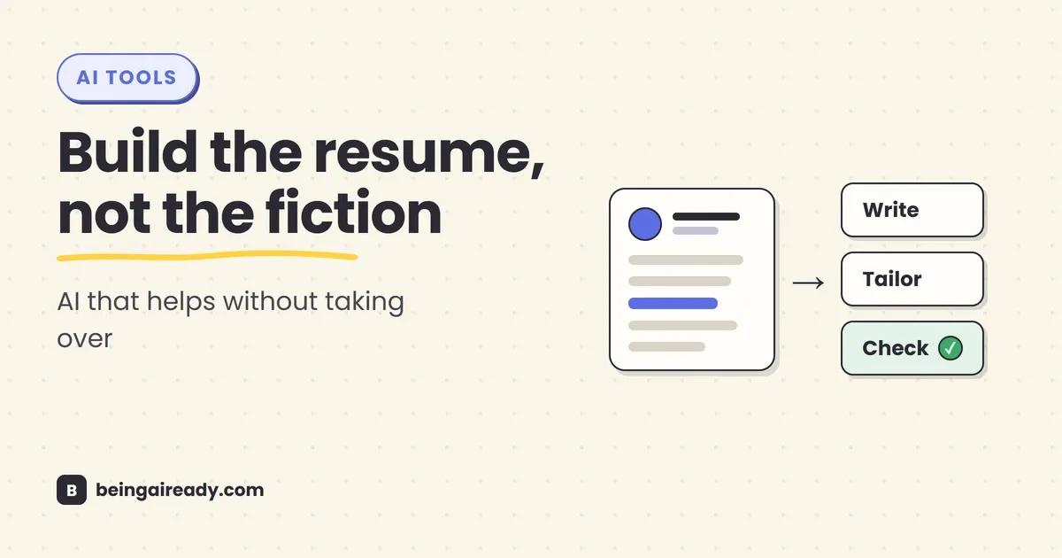 Cover graphic for 'Best AI Resume Builders in 2026': a clean resume document passing through three stages labeled Write, Tailor, and Check, beside the headline Build the resume, not the fiction.