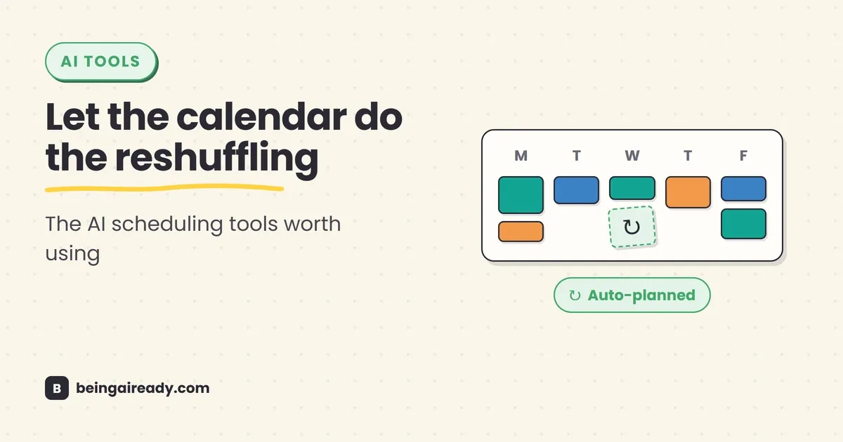 A clean calendar interface rearranging meetings, focus blocks, and tasks automatically, representing the best AI scheduling and calendar tools in 2026.