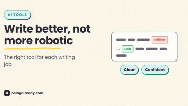 A comparison dashboard showing AI writing and grammar tools for editing, rewriting, academic writing, fiction, and marketing.