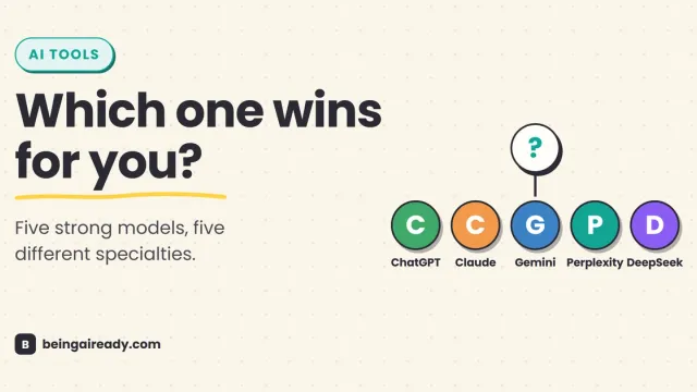 Cover graphic for 'ChatGPT vs Claude vs Gemini vs Perplexity vs DeepSeek (2026)': five equally sized letter badges in five different colors for ChatGPT, Claude, Gemini, Perplexity, and DeepSeek under a question-mark chip, beside the headline Which one wins for you?.
