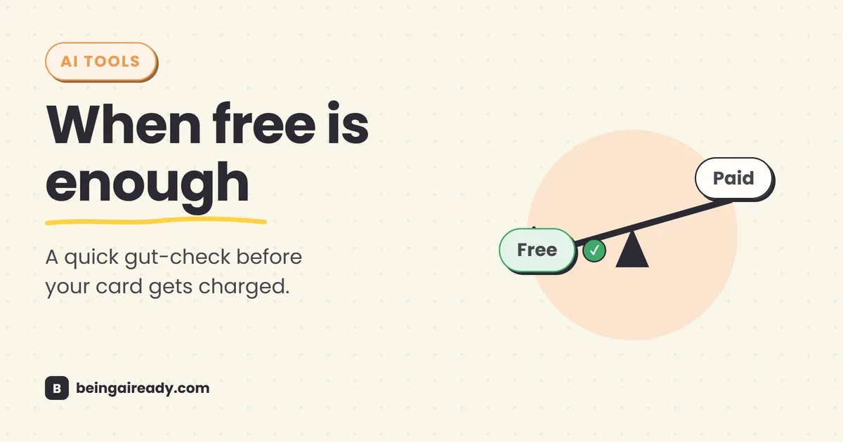 Cover graphic for 'Free vs Paid AI Tools: What's Actually Worth Paying For': a tipped balance scale with 'Free' weighted lower and checked, opposite 'Paid', beside the headline When free is enough.