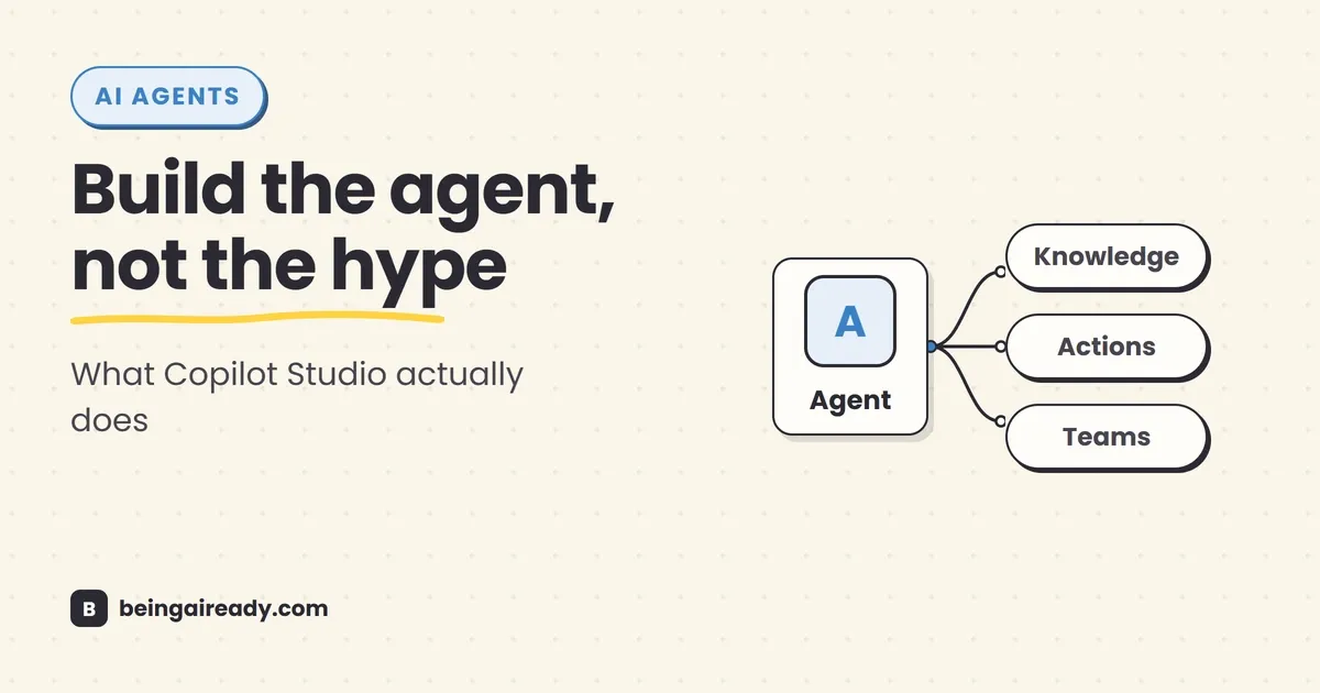 Cover graphic for 'Microsoft Copilot Studio Explained': a simple agent-building canvas connecting company knowledge, business tools, and Microsoft Teams, beside the headline Build the agent, not the hype.