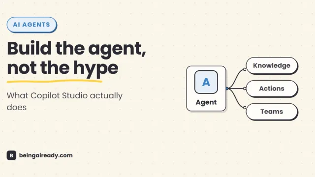 Cover graphic for 'Microsoft Copilot Studio Explained': a simple agent-building canvas connecting company knowledge, business tools, and Microsoft Teams, beside the headline Build the agent, not the hype.