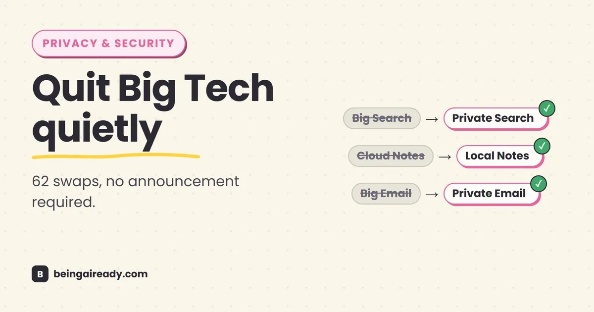 Cover graphic for 'The Privacy Toolkit: 62 Apps to Quietly Take Back Your Data in 2026': three rows swapping a greyed-out, struck-through generic app for a checked private alternative — search, notes, and email, beside the headline Quit Big Tech quietly.