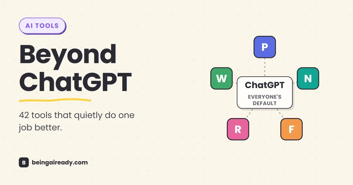 Cover graphic for '42 Underrated AI Tools Worth Using in 2026': a central speech bubble labeled ChatGPT, everyone's default, with five small colorful tool badges radiating around it on connecting lines, beside the headline Beyond ChatGPT.