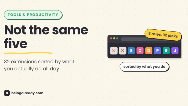 Cover graphic for 'The Chrome Extensions Actually Worth Installing in 2026 (Sorted by What You Do All Day)': a browser toolbar strip with a row of icon slots, two greyed out with an X and six colorful ones for different roles, beside the headline Not the same five.