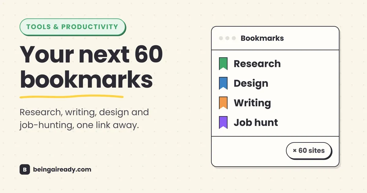 Cover graphic for '60 Websites You Wish You Knew Earlier': a bookmarks shortlist card with ribbon-marked rows for Research, Design, Writing, and Job hunt, tagged '×60 sites', beside the headline Your next 60 bookmarks.