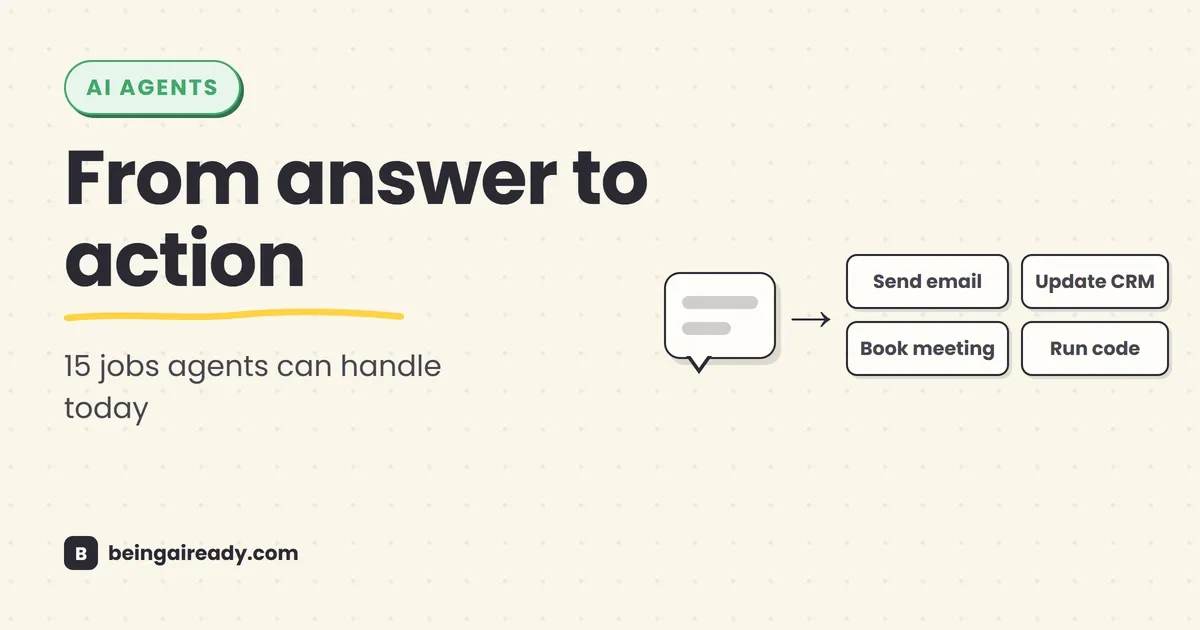 Cover graphic for 'What Can AI Agents Actually Do? 15 Real Examples by Use Case': an AI agent moving between support, research, finance, coding, and security tasks, beside the headline From answer to action.